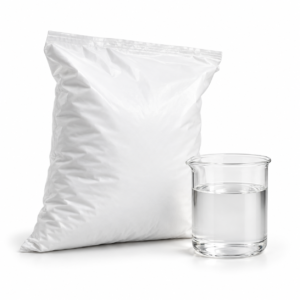 Bolsa blanca de referencia para floculante en polvo; el contenido neto se indica en la ficha.