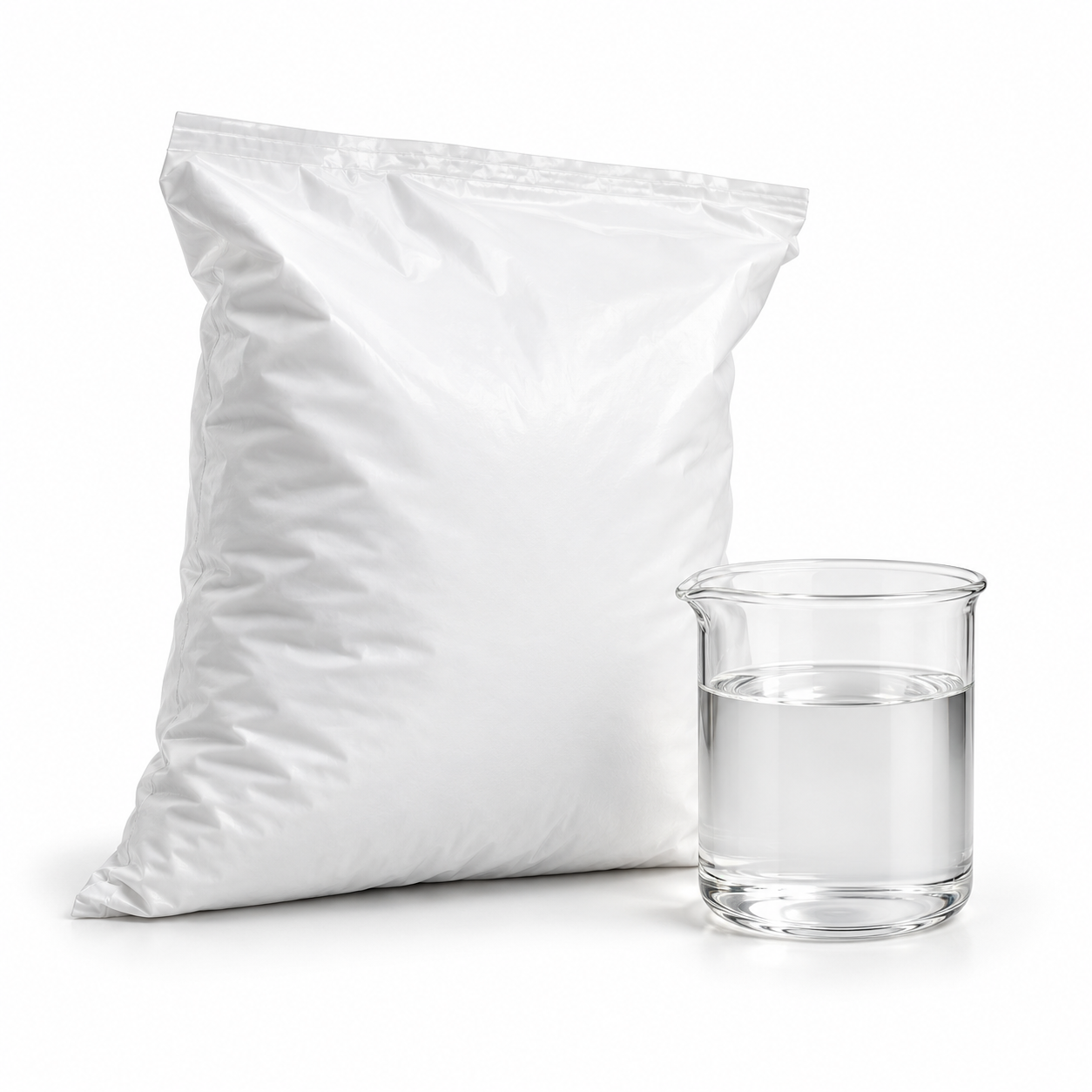 Floculante en bolsa — referencia visual Bolsa blanca de referencia para floculante en polvo; el contenido neto se indica en la ficha.