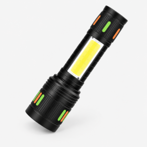 Linterna recargable Cafini C-L1570A con luz lateral COB sobre fondo gris claro