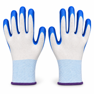 Guantes de trabajo con recubrimiento de nitrilo sobre fondo blanco