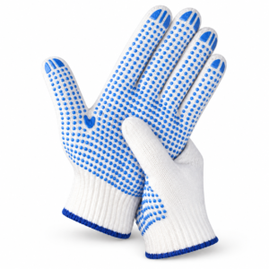 Guantes tejidos con recubrimiento plástico sobre fondo blanco