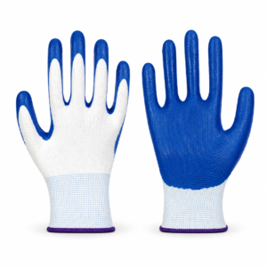 Guantes de poliéster con recubrimiento de nitrilo sobre fondo blanco