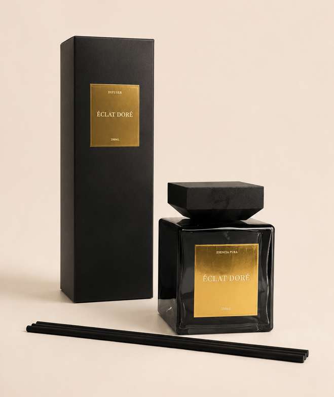 Rhié RF02 · Difusor Éclat Doré 1000 ml · producto completo Difusor Rhié Éclat Doré RF02 de 1000 ml, frasco negro con etiqueta dorada, caja y varillas